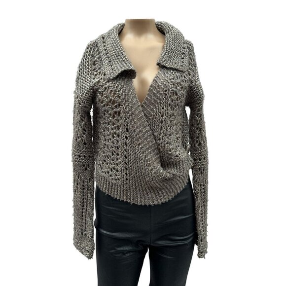 Collie Sweaters - Y2k Anthropologie Hand Knit By Dollie Cropped Metallic Wrap Sweater Gray Women S